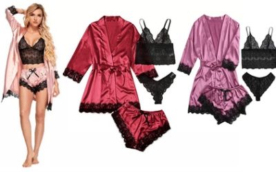 Women’s Four-Piece Lace-Trimmed Satin Pajama Set 